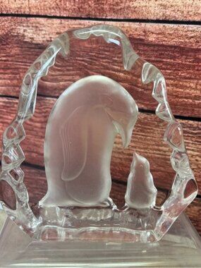 Art Glass Penguin Decor Engraved Etched Paperweight